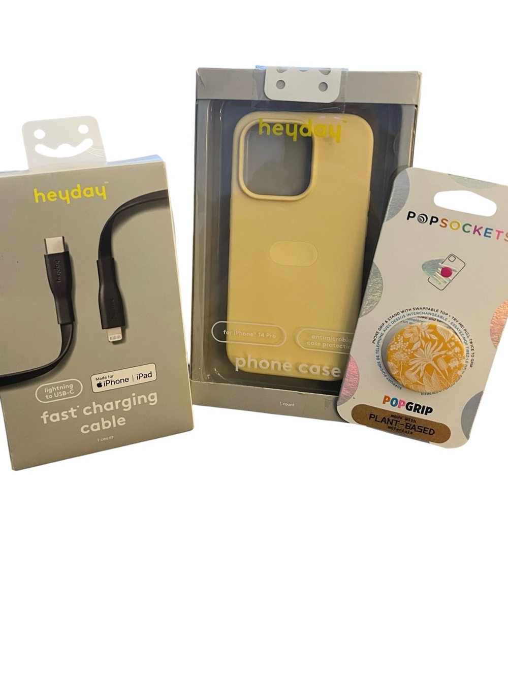 iPhone 14 Pro Bundle - Heyday Yellow Case + Cable + PopGrip NEW